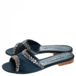 Manolo Blahnik Green Satin Triunslo Embellished Open Flat Slides Size 37.5