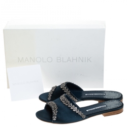 Manolo Blahnik Green Satin Triunslo Embellished Open Flat Slides Size 37.5