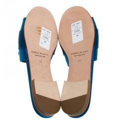 Pre Owned Manolo Blahnik Blue Satin Martmod Embellished Open Flat Slides Size 39