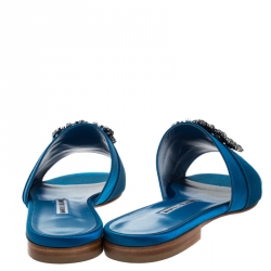 Pre Owned Manolo Blahnik Blue Satin Martmod Embellished Open Flat Slides Size 39