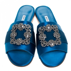 Pre Owned Manolo Blahnik Blue Satin Martmod Embellished Open Flat Slides Size 39