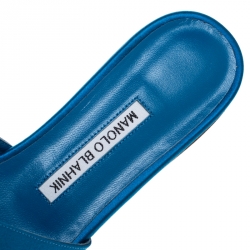Pre Owned Manolo Blahnik Blue Satin Martmod Embellished Open Flat Slides Size 39