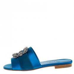 Pre Owned Manolo Blahnik Blue Satin Martmod Embellished Open Flat Slides Size 39