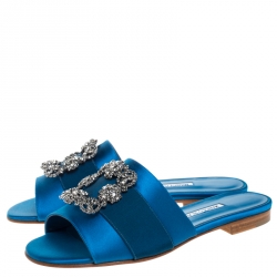 Pre Owned Manolo Blahnik Blue Satin Martmod Embellished Open Flat Slides Size 39