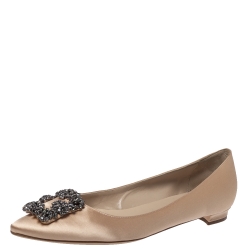 Pre Owned Manolo Blahnik Beige Satin Hangisi Ballet Flats Size 39
