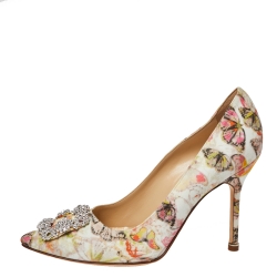 Pre Owned حذاء كعب عالي مانولو بلانيك "هانغيسي" مقدمة مدببة قماش مطبوع فراشات متعدد الألوان مقاس 38.5