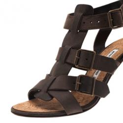 Pre Owned Manolo Blahnik Brown Leather Pidigi Triple Buckle Sandals Size 39