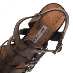 Pre Owned Manolo Blahnik Brown Leather Pidigi Triple Buckle Sandals Size 39