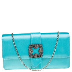 Manolo Blahnik Blue Satin Capri Chain Clutch