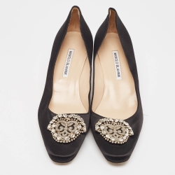 Pre Owned Manolo Blahnik Black Satin Okkato Pumps Size 40.5  