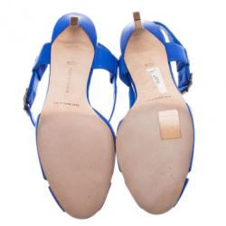Pre Owned Manolo Blahnik Blue Leather Criss Cross Sandals Size 38.5