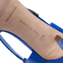Pre Owned Manolo Blahnik Blue Leather Criss Cross Sandals Size 38.5