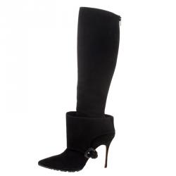 Manolo Blahnik Black Suede Pointed Toe Knee High Boots Size 39