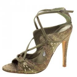 Manolo Blahnik Metallic Green Silk Rovani Cross Strap Open Toe Sandals Size 35