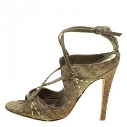 Manolo Blahnik Metallic Green Silk Rovani Cross Strap Open Toe Sandals Size 35