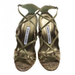 Manolo Blahnik Metallic Green Silk Rovani Cross Strap Open Toe Sandals Size 35