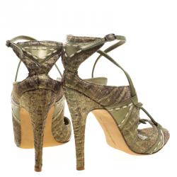 Manolo Blahnik Metallic Green Silk Rovani Cross Strap Open Toe Sandals Size 35