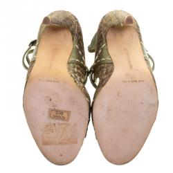 Manolo Blahnik Metallic Green Silk Rovani Cross Strap Open Toe Sandals Size 35