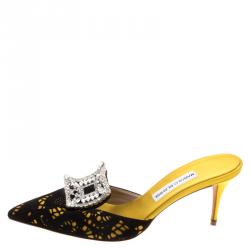 Manolo Blahnik Yellow Satin and Laser Cut Suede Borli Crystal Embellished Mules Size 39