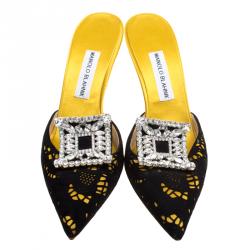 Manolo Blahnik Yellow Satin and Laser Cut Suede Borli Crystal Embellished Mules Size 39