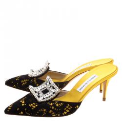 Manolo Blahnik Yellow Satin and Laser Cut Suede Borli Crystal Embellished Mules Size 39
