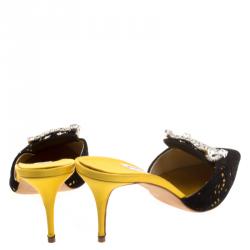 Manolo Blahnik Yellow Satin and Laser Cut Suede Borli Crystal Embellished Mules Size 39