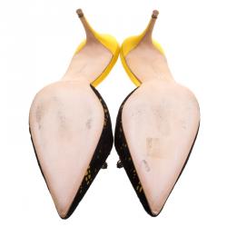 Manolo Blahnik Yellow Satin and Laser Cut Suede Borli Crystal Embellished Mules Size 39