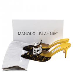 Manolo Blahnik Yellow Satin and Laser Cut Suede Borli Crystal Embellished Mules Size 39