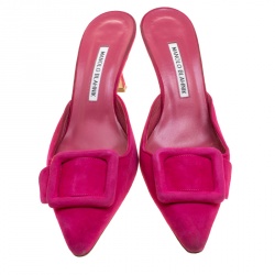 Manolo Blahnik Fuchsia Pink Suede Maysale Pointed Toe Mules Size 39.5