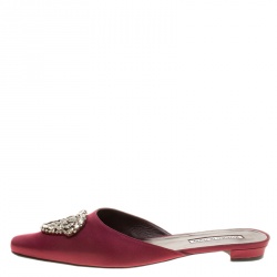 Manolo Blahnik Burgundy Satin Okkatomu Crystal Embellished Crest Flat Mules Size 39.5 