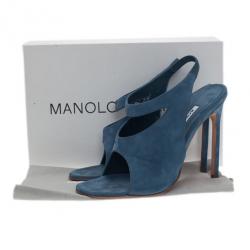 Manolo Blahnik Blue Suede Cutout Slingback Sandals Size 39