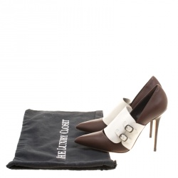 مملوكة مسبقًا حذاء كعب عالي مانولو بلانيك مقدمة مدببة مزين إبزيم انكاجادا جلد أبيض/ بني مقاس 35