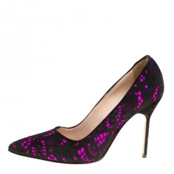 Pre Owned Manolo Blahnik Hot Pink Satin With Laser Cut Suede Bborli Pointed Toe Pumps Size 36