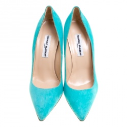 Pre Owned Manolo Blahnik Aqua Green Suede BB Pointed Toe Pumps Size 40.5