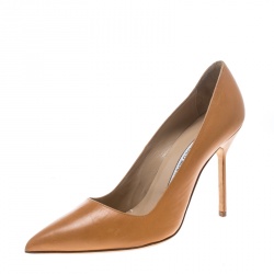 Pre Owned Manolo Blahnik Peach Leather BB Pointed Toe Pumps Size 38.5