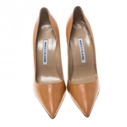 Pre Owned Manolo Blahnik Peach Leather BB Pointed Toe Pumps Size 38.5