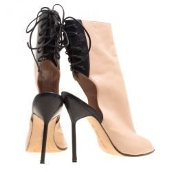 Pre Owned Manolo Blahnik Two Tone Leather Bellanto Cut Out Peep Toe Booties Size 37