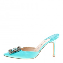 Manolo Blahnik Cyan Blue Satin Hangisi Pointed Toe Mules Size 38