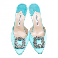 Manolo Blahnik Cyan Blue Satin Hangisi Pointed Toe Mules Size 38