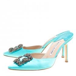 Manolo Blahnik Cyan Blue Satin Hangisi Pointed Toe Mules Size 38