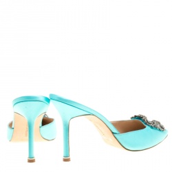 Manolo Blahnik Cyan Blue Satin Hangisi Pointed Toe Mules Size 38