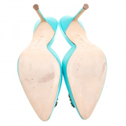 Manolo Blahnik Cyan Blue Satin Hangisi Pointed Toe Mules Size 38