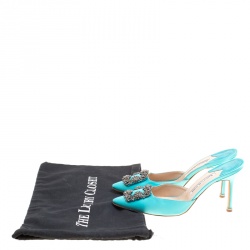 Manolo Blahnik Cyan Blue Satin Hangisi Pointed Toe Mules Size 38