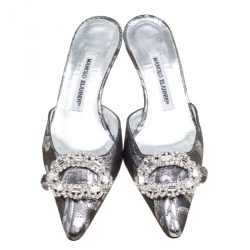 Manolo Blahnik Metallic Black/Silver Brocade Fabric Crystal Embellished Pointed Toe Mules Size 36.5
