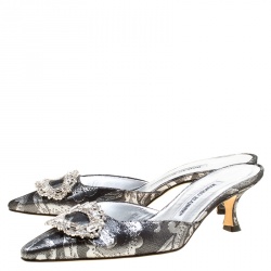 Manolo Blahnik Metallic Black/Silver Brocade Fabric Crystal Embellished Pointed Toe Mules Size 36.5
