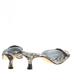 Manolo Blahnik Metallic Black/Silver Brocade Fabric Crystal Embellished Pointed Toe Mules Size 36.5