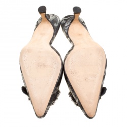 Manolo Blahnik Metallic Black/Silver Brocade Fabric Crystal Embellished Pointed Toe Mules Size 36.5