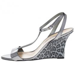 Pre Owned Manolo Blahnik Metallic Leopard T-strap Lette Wedge Sandals Size 42