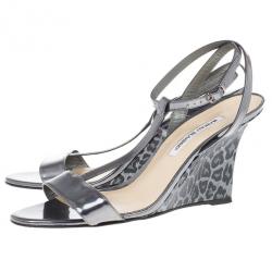 Pre Owned Manolo Blahnik Metallic Leopard T-strap Lette Wedge Sandals Size 42