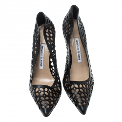 Pre Owned Manolo Blahnik Black Laser Cut Leather Pointed Toe Pumps Size 37